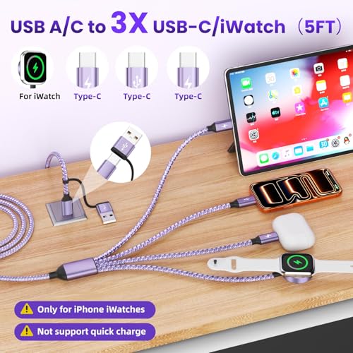 Image of 4in2 Multi Charging Cable for iWatch Charger /iPhone Charger /CarPlay Cable, Beach Travel Vacation Essentials, (2Pack 5FT) 3 X USB C /iWatch Charger Cords for iWatch 11-1 /iPhone 17-15, Android Car