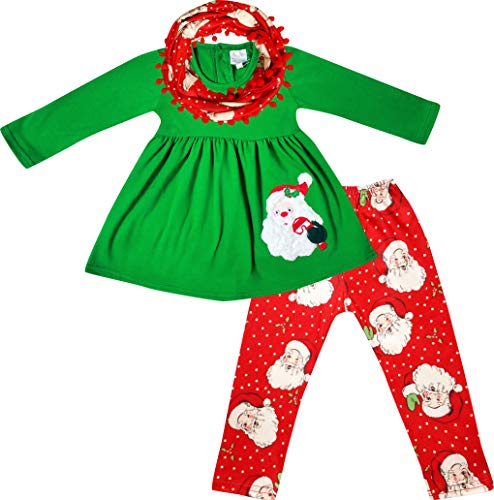 Toddler Little Girls Merry Christmas Applique Outfits Top Leggings Scarf Set - Santa Snowman Reindeer Tree Clothing Sets
