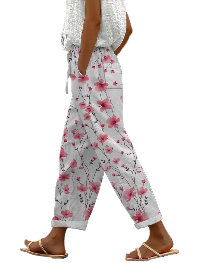 Cropped Pants for Women 2025 Trendy Casual Plus Size Floral Lightweight Elastic Waist Beach Trousers with Pocket