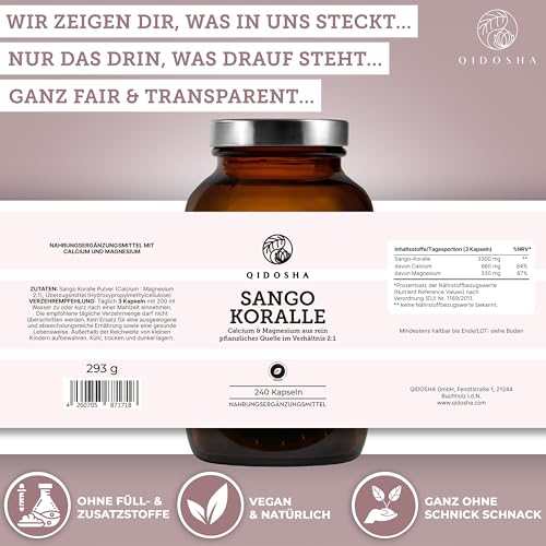 QIDOSHA® Sango Meereskoralle Kapseln, 240 Stk/Glas, hochdosiert mit 660mg Calcium & 330mg Magnesium (optimales 2:1 Verhältnis), nachhaltige Ernte, deutsche Fertigung, jede Charge laborgeprüft