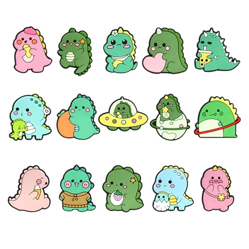 Pwsap 15 Piezas Dinosaurios Adornos de Zapatos, Encantos de PVC de Colores para Clog Sandalias Pulseras, Decoración Charmas de Zapatos, Regalo del Festival de Cumpleaños para Niñas Niños
