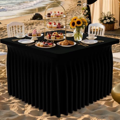 Image of Smiry 2 Pack Spandex Elastic Fitted Table Cloth Skirt for 3FT Table | Stretch Washable Table Cloth, Banquet Table Cover for Wedding, Party, Indoor & Trade Shows, (Black, 34Lx34Wx30H)