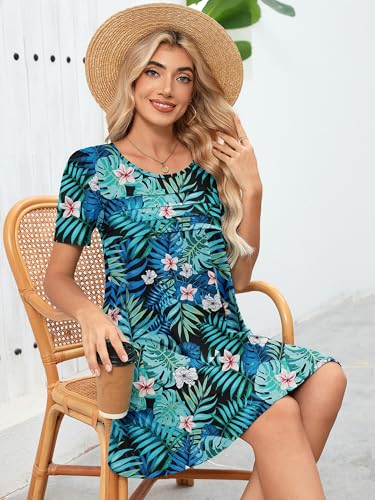 Image of Heymoments Women's Short Sleeve Crewneck Sundress Summer Casual A-Line Beach Dress with Pockets S-2XL