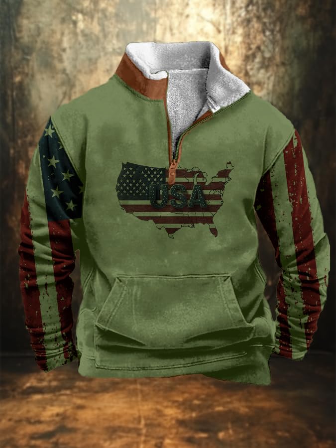 Mens American Printed Sweatshirt Vintage Patriotic Quarter Zip up Hoodie Casual Long Sleeve Fleece Stand Collar Pullover Tops2