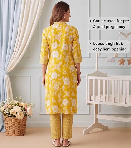 Image of DUMMY SHAPE Feeding Kurtis for Women Cotton Blend | Floral Kurta Pant Dupatta Set with Nursing Zippers to Pre & Post Partum | Maternity Dresses | Mom to Be Gifts for Pregnant Woman