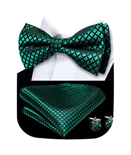 Image of Hi-Tie Pre-Tied Bowties for Men Silk Bow Ties and Pocket Square Cufflinks Set Mens Wedding Party Formal,Black Green Plaid