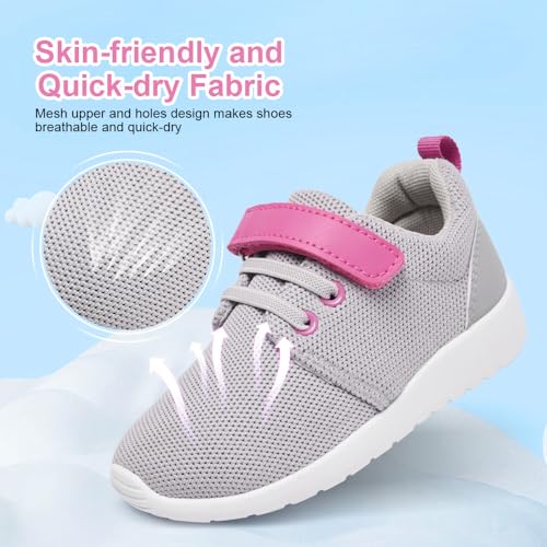 HIITAVE Girls Sneakers Size 1 Tennis Walking Athletic Running Training Shoes for Girls Kids, Light Gray/Fushia 1 M US Little Kid
