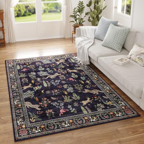 Area Rug 4x6 Rug Washable Boho Rugs Non Slip Low Pile Floral Animal Small Carpet for Bedroom, Bedside, Kids Room, Office, Dining Room (Blue)