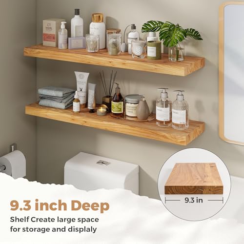 Image of RICHFOCUS Elm Floating Shelves for Wall - 20 inch W x 9.3 inch D Rustic Solid Wood Shelves with Invisible Bracket, Wall-Mounted for Living Room, Bedroom, Kitchen Storage & Display, Set of 2, Natural