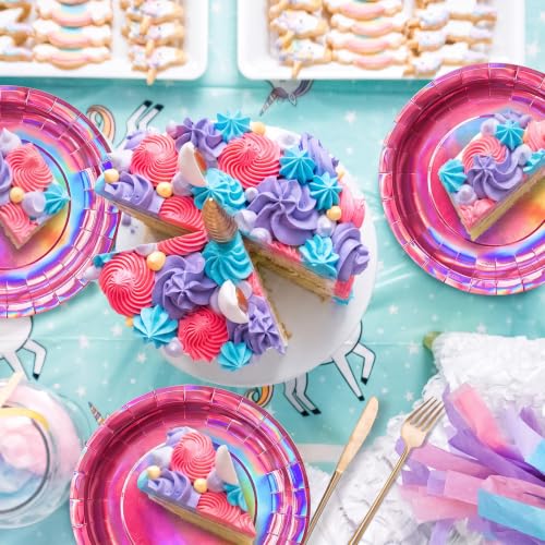 Image of Iridescent Hot Pink Paper Plates, 7 Inch Dessert Cake Plates, 50 Count Bulk | Colored and Sturdy Durable Party Plates, For Mermaid Disco Kpop Birthday, Bridal Showers, BBQ, Pool Parties, Food-Safe