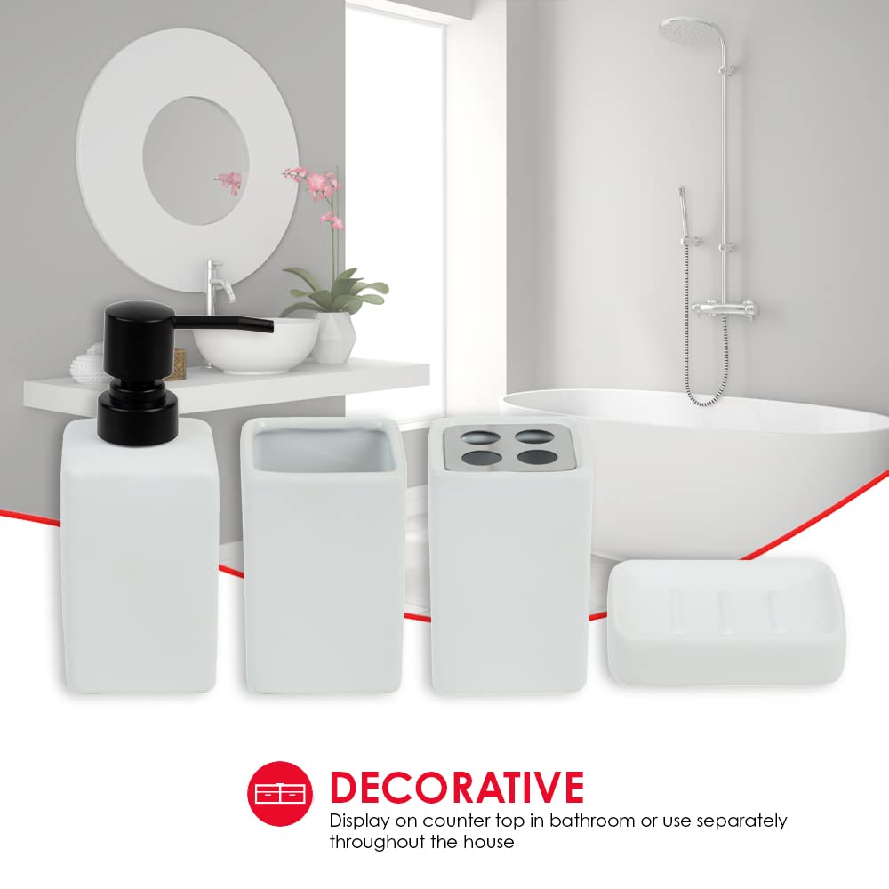 Home Basics (White Beautiful 4 Pcs Ceramic Durable Bath Accessory Set Lotion Dispenser/Dish/Tumbler/Toothbrush Holder Decorating Idea