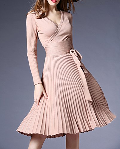 R.Vivimos Women Autumn Long Sleeve V Neck Elegant Knitted Slim Knee-Length A-Line Sweater Dress Beige One Size