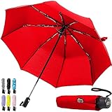 Gorilla Grip Windproof Compact Stick Umbrella for Rain, One-Click Automatic Open and Close, Strong Reinforced Fiberglass Ribs, Easily Collapsible, Lightweight Portable Umbrellas for Travel, Red