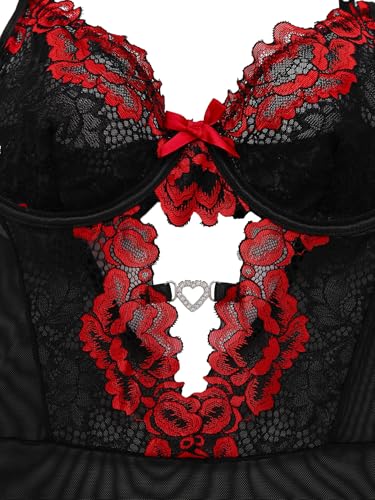 Image of Foxiny Sexy Lingerie Set 3 Piece Women Corset Bodysuit | Sheer Mesh Lace Push-Up Underwire Heart Garter Stocking Plus Size Curvy Exotic Costume Halloween Christmas Valentine's Day