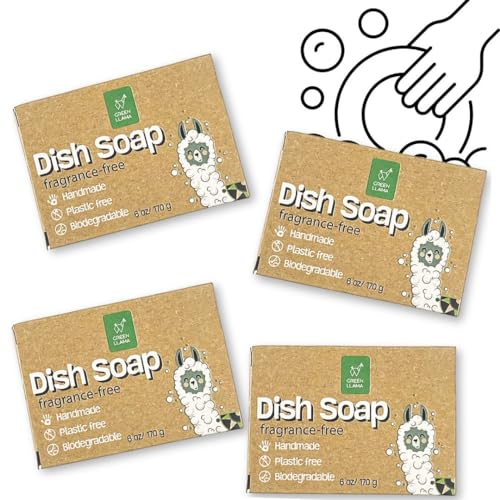 Image of Green Llama Natural Dish Soap Bars - 4-Pack, Coconut Oil-Based, Fragrance-Free, Biodegradable Kitchen Soap | Eco-Friendly, Non-Toxic, Handmade Solid Dishwashing & Dishwasher Cleaner