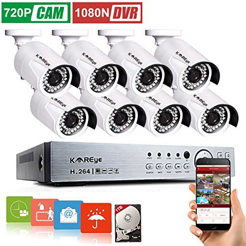 KAREye 1080N 16CH Video Security System 8 Bullet IP66 Weatherproof Camera,Outdoor Indoor Day Night IR-CUT CCTV Surveillance System,100ft Night Vision,1TB HDD