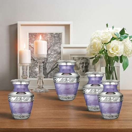 Image of Trupoint Memorials Cremation Urns for Human Ashes, Silver Lining Decorative Burial Urns for Male and Female, Funeral Memorial Urn for Women and Men - Purple with Silver Lining, 4 Keepsakes