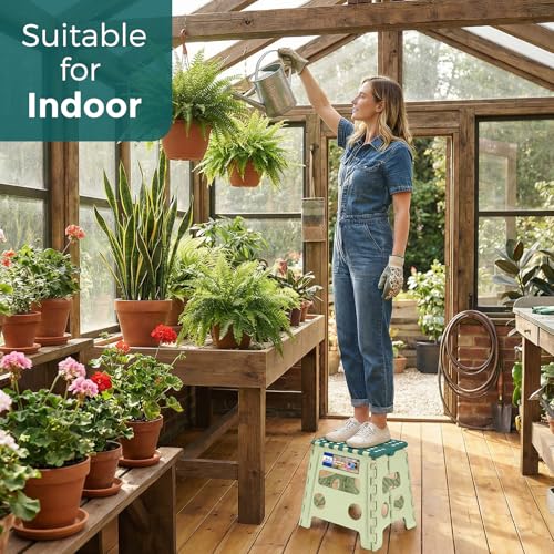 Image of ACKO Folding Step Stool 13 Inch, Sturdy Collapsible Step Stool Foldable Up to 300 lbs for Adults, Non Slip Lightweight Foot Stools with Handle, Ideal for Kitchen, Bathroom, Bedroom, Garden, Green