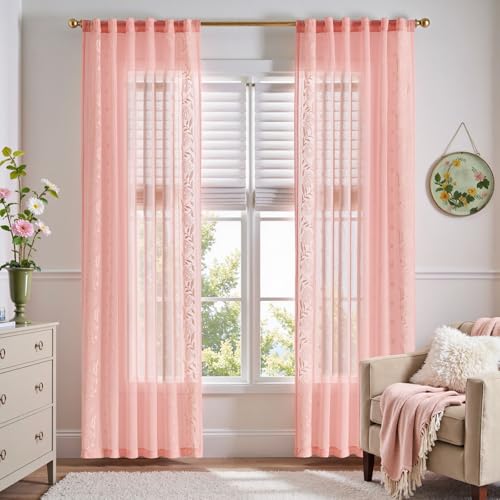 Image of jinchan Winslow Pink Sheer Curtains 84 Inch for Bedroom Living Room Embroidered Bordered Floral Nursery Curtains for Girls Room Dorm Light Filtering, Beige on Pink, 2 Panels, 50W x 84L