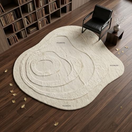Image of Hand Tufted Wool Rug 6x8 Ft - Modern Irregular Shape Aesthetic Carpet, 1 Inch Thick Pile, Anti-Skid Backing, Soft Handmade Woolen Area Rug for Living Room, Bedroom, Hall Decor