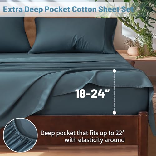 Image of Extra Deep Pocket King Sheets 18-24 Inch 100% Egyptian Cotton 1000 Thread Count Sateen Weave Soft Breathable 4 Pieces(King,Lake Blue)