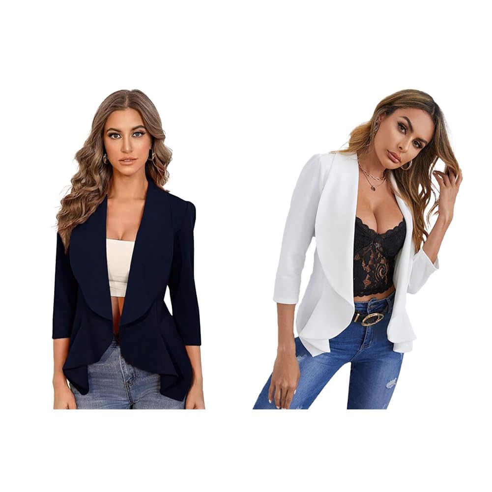 Women's Single Breasted Relaxed Fit Shawl Collar 3/4 Sleeve Blazer Navy Blue Women's Single Breasted Relaxed Fit Shawl Collar 3/4 Sleeve Blazer Snow White-image-18