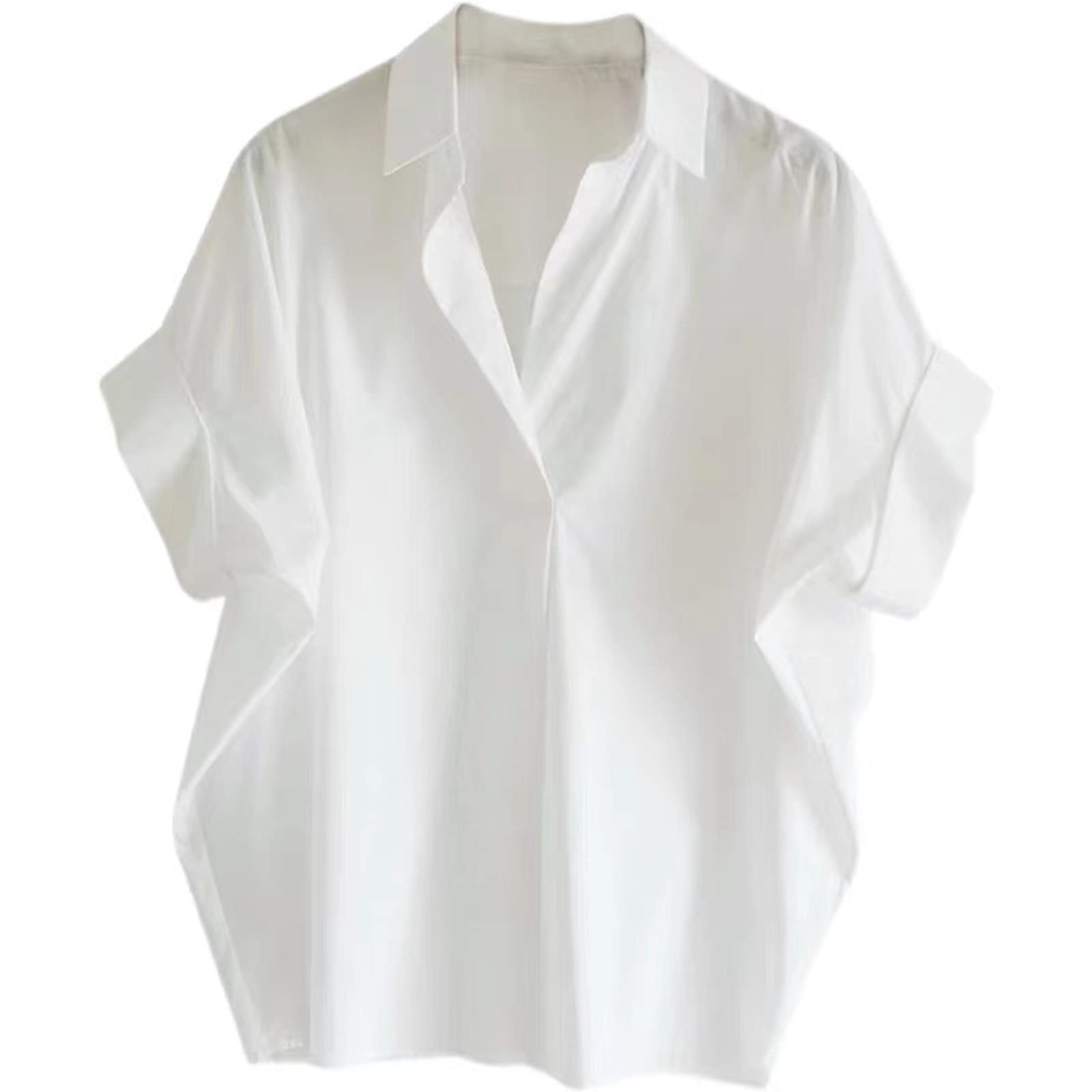 HEYXI Loose Cotton Shirt White Loose Bat Sleeve Collar Shirt Woman