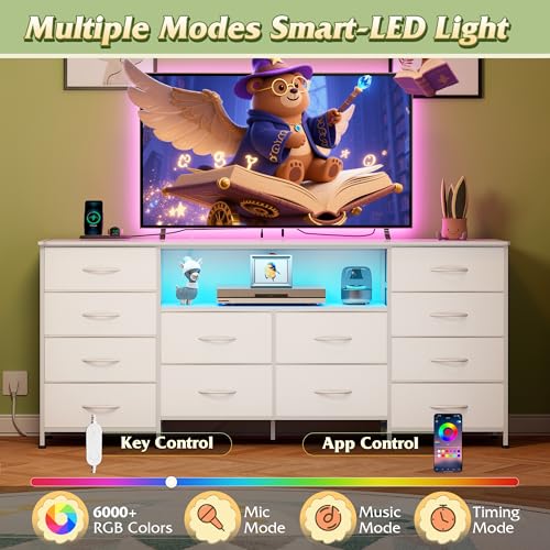 Image of WLIVE LED Dresser TV Stand for 75 Inch TV, 12 Drawers, White | Fits TVs up to 75 inch, 12 fabric drawers, LED chest of drawers, Built-in power outlet, Living room or bedroom