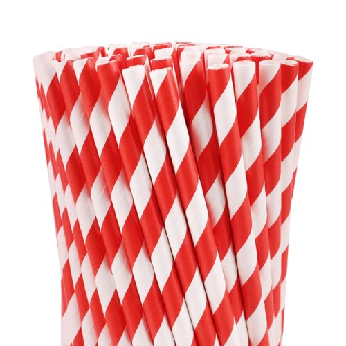 KTOJOY 100 Pcs Biodegradable Paper Straws Red Striped for Drinks Parties Crafts
