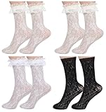 ValueBargain 4 Pair White Lace Socks for Girls, Ruffle Lace Frilly Socks for Girls Women Perfect for Festival & Everyday Wear, White Beige Black