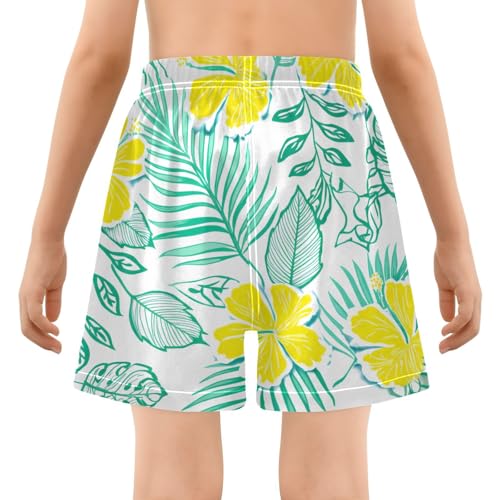 Boy Swim Trunks with Compression Liner Yellow Hibiscus Palms Boys Swim Shorts Quick Dry Beach Shorts3