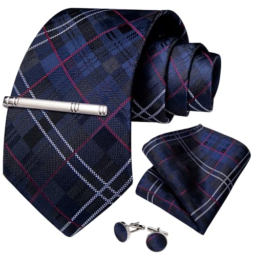 Image of DiBanGu Mens Silk Plaid Tie and Pocket Square Set | Elegant Silk Formal Tie Set, Woven Check Necktie and Cufflinks Tie Clip Set, Perfect for Wedding Party, Comes in Gift Box
