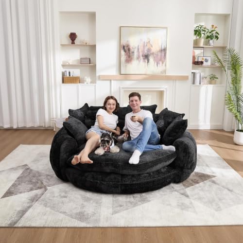 Image of 81 inch Round Sofa Bed Big Bean Bag Round Chaise Lounge Oversized Round Couch Boneless Reading Chair Plush Fluffy Chenille Large Chaise Chair for Living Room, Bedroom, Apartment, Black