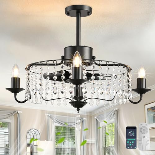 Image of Garwarm 20 inch Ceiling Fan with Lights and Remote, Black Crystal Fandelier | Bladeless Ceiling Fan 6-Speed Reversible DC Motor with APP, Low Profile Chandelier Fan for Bedroom, Kitchen, Dining Room