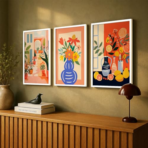 Image of SoulAbiti Sunny Still Life Botanicals set of 3 Framed Wall Print 12x18 inch White Frame Plexi-Glass Floral Art ready to hang for living room bedroom office decor