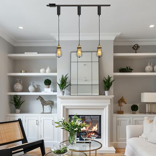 Kiven H-Type Track Lighting, 3-Light Industrial Halo Track Lighting Pendants Adjustable Cord Length, H Track Light Pedant for Kitchen Island Home Cafe Bedroom,Gold