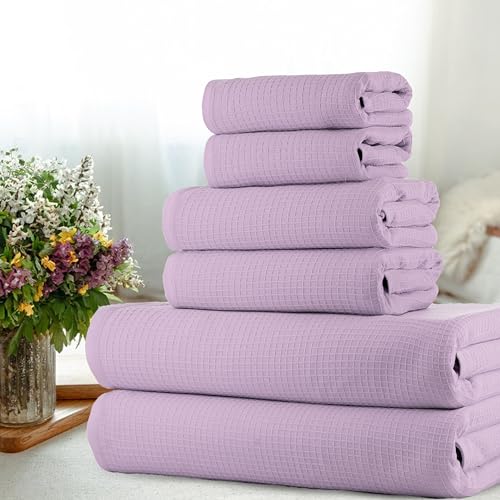 Image of Casa Copenhagen, Egyptian Cotton - Waffle Terry Towel 6 Piece Set, Includes 2 Bath Towels 2 Hand Towels 2 Washcloths - Purple Rose