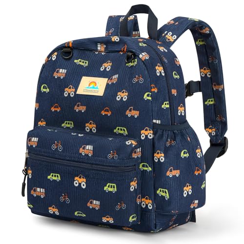 Image of STEAMEDBUN Corduroy Toddler Backpack for Boys 2-4: Kids backpack for Boys Girls - 12 inch Preschool Kindergarten Backpacks - Car
