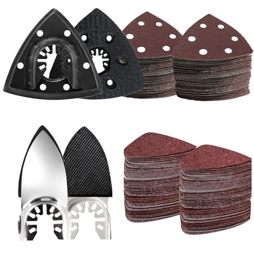 LEILUO 127 Pcs Oscillating Tool Sanding Pad Kit 2 Pcs 93mm Triangle Sanding Pads 2 Pcs Fingertip Sand Pads 120 Pcs Sandpaper 3 Pcs Adapters Compatible with DeWalt Makita Ryobi Milwaukee and More