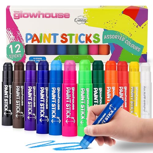 The Glowhouse Palitos de pintura de tempera de colores clásicos, paquete de 12 unidades, no tóxicos, lavables, sin ensuciar, multicolor para niños, perfectos para proyectos de arte creativos