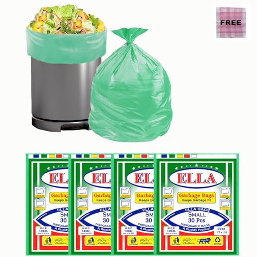 Image of Ella Premium Garbage Bags | Small | 17 x 19 Inches | Green Color | 120 Count | 30 Bags x 4 Packets | Strong & Durable Dustbin Trash Bags for Home, Kitchen & Office | Ideal for Dry & Wet Waste