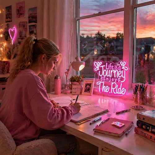 Image of Pink Neon Sign Led Neon Lights Signs for Wall Decor USB Powered Led Signs for Room Decoration-Life is a Journey Enjoy The Ride