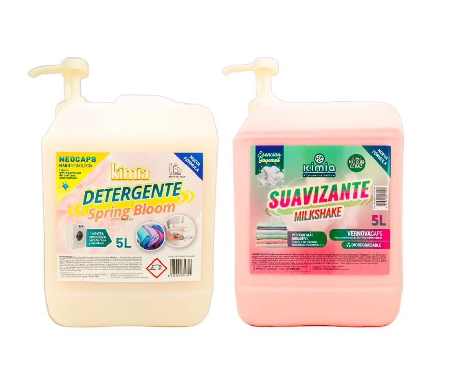 KIMIA - Pack Detergente Concentrado Spring Bloom + Suavizante Concentrado Milkshake 5L con Bomba | Limpieza Profunda | Fragancia Veraniega y Duradera | Protege Color de la Ropa | Suavidad y Frescor