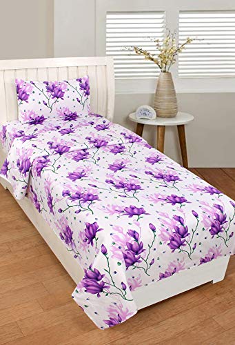 Luxury Trends Printed Designer Cotton Single Bedsheet with 1 Pillow Cover-White & Purple