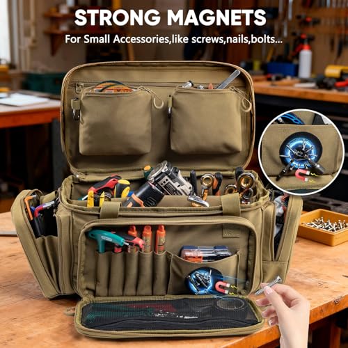 Image of Heavy Duty Tool Bag Organizer with Strong Magnets & Detachable Pouches, Tactical Tool Tote for Men, Multiple Pockets, Anti-Friction Bottom Utility Tool's Bag for Electrician,Mechanic