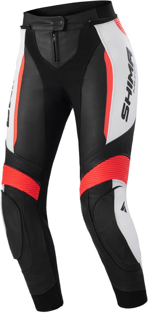 SHIMA Miura 2.0 Motorbike Pants - Leather, Womens, Sport Pants with HIPS & Knees Protectors, Perforated Leather, Elastic Panels, for 2-Piece Suit (36, Red Fluo)