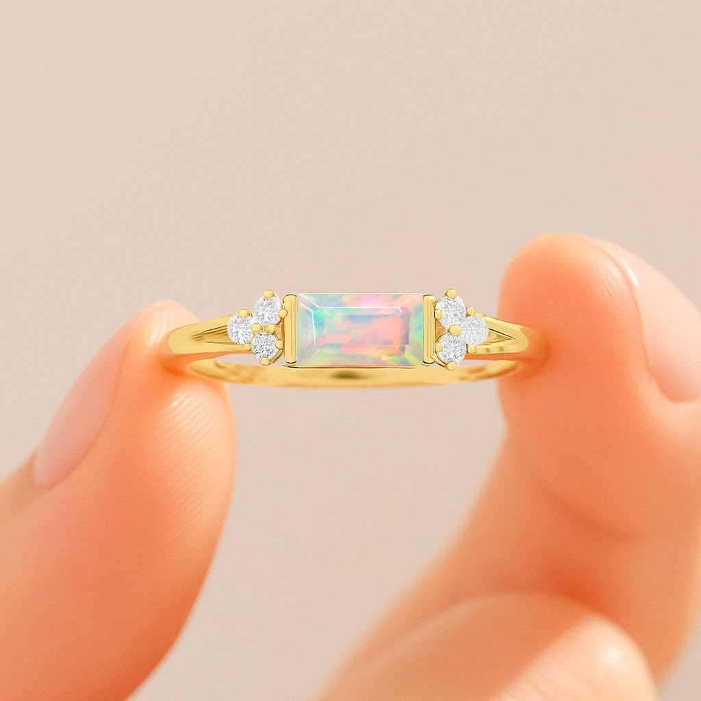 GOODSTONE JEWELS Natural Opal 925 Sterling Silver Designer Ring for Womens in Baguette Shape in Yellow Gold Plated Ruby, Multi Gemstones Jewelry Gift for Her (Engagement, Anniversary, Promise Rings)