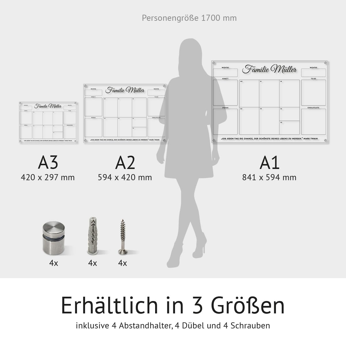 Personalisierter Acrylglas Wandkalender - Familien Wochenplaner abwischbar DIN A3, A2 oder A1 XXL wählbar inkl. Montagematerial und Edelstahl Abstandhalter, langlebig, klarer UV-Druck