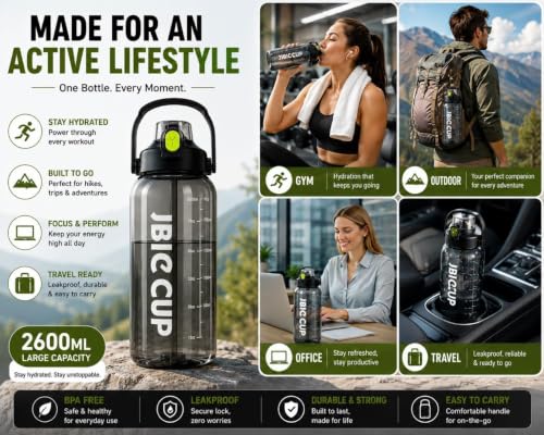 Image of Ryaco Delzon 2.6L Water Bottle BPA-Free Leakproof with Silicone Pipe, Large Reusable Hydration Bottle for Gym, Sports, Office, Travel, Fitness & Camping