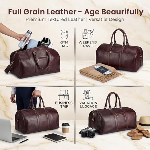 Image of Full Grain Genuine Leather Travel Duffel Bag 55L Premium Weekender Bag for Men Leather Overnight Bag with Shoulder Strap Travel Luggage (Brown)